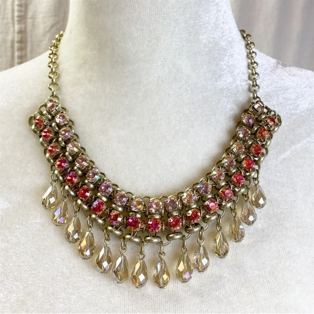 Loft gold tone pink Rhinestone Statement necklace